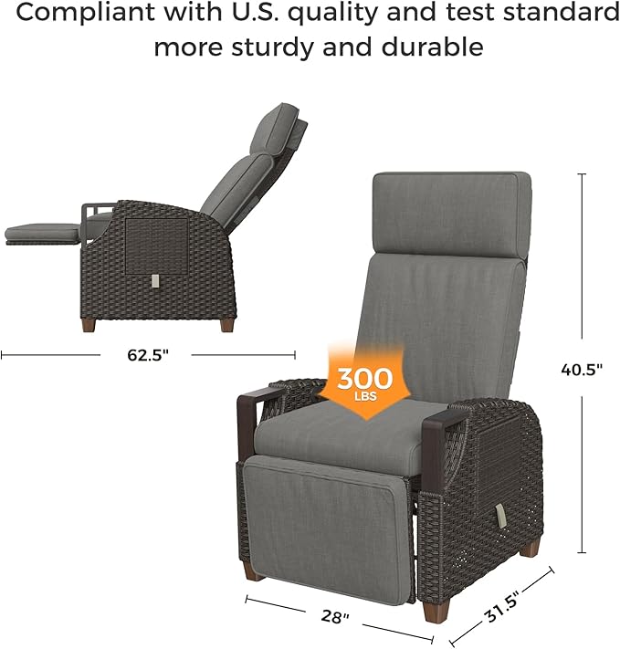 Grand patio Outdoor Recliner with Independent Adjustable Back and Footrest, Air Pump 150° Lay Flat Reclining Chair Removable Olefin Cushion Flip-Up Table Wicker Grey 1PC - Image 2