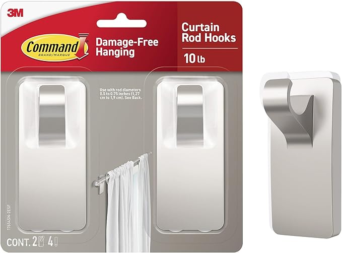 Command 10 lb Satin Nickel Curtain Rod Hooks, 2 Hangers and 4 Strips, No by Command