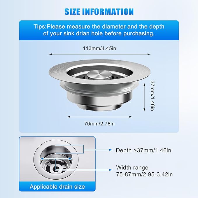 Kitchen Sink Drain Strainer 3-in-1, Pop-Up Stopper & Anti-Clogging Basket - Image 4