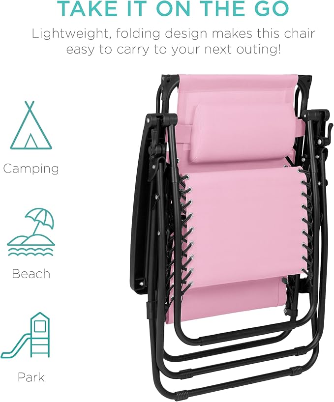 Best Choice Products Folding Zero Gravity Outdoor Recliner Patio Lounge Chair w/Adjustable Canopy Shade, Headrest, Side Accessory Tray, Textilene Mesh - Bubblegum Pink - Image 7
