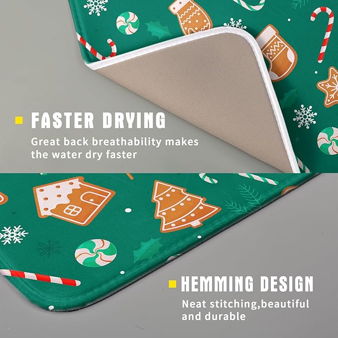 Gingerbread Dish Drying Mat for Kitchen Counter Holiday Green Super Absorbent - Image 3