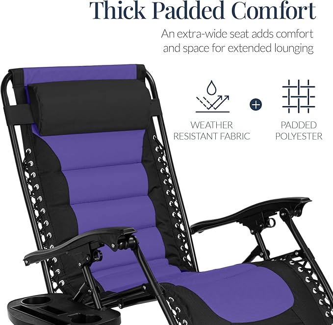 Best Choice Products Oversized Padded Zero Gravity Chair, Folding Outdoor Patio Recliner, XL Anti Gravity Lounger for Backyard w/Headrest, Cup Holder, Side Tray, Polyester Mesh - Black/Purple - Image 5