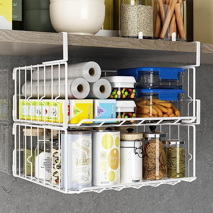 Hanging Under Shelf Storage Basket, 4 Pack Foldable Under Cabinet Metal Desk - Image 5