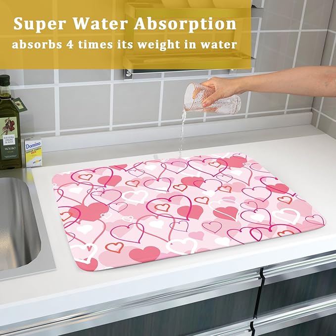 Valentines Day Dish Drying Mat for Kitchen Pink Hearts Absorbent Reversible - Image 7