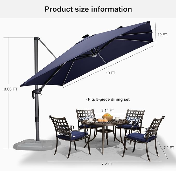 PURPLE LEAF 10 Feet Patio Umbrella with Base Outdoor Cantilever Solar Powered LED Square Umbrella Aluminum Offset Umbrella with 360-degree Rotation for Garden Deck Pool Patio Navy - Image 8