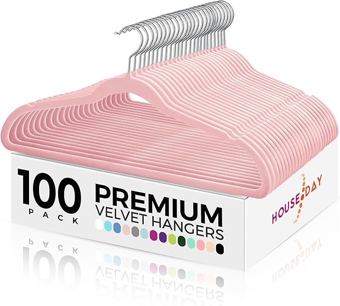 HOUSE DAY Premium Velvet Hangers 100 Pack Light Pink, Non-Slip Flocked Felt by HOUSEDAY