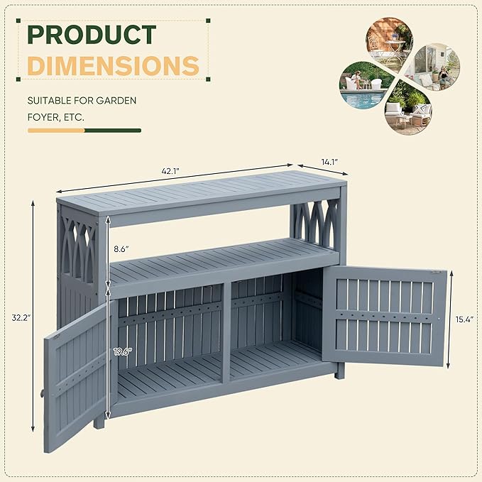Greesum 2-Tier Outdoor Storage Cabinet in Acacia Wood, with 2 Magnetic Doors, for Garden, Picnic, Buffet, TV Stand, or Bar Table, Grey - Image 3