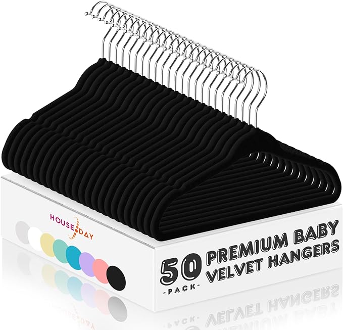HOUSE DAY 11 Inch Velvet Baby Hangers 50 Pack Black, Premium Kids Hangers by HOUSEDAY
