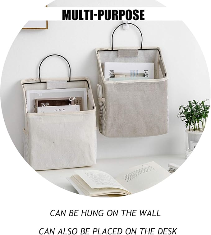 2 Pcs Wall-Hanging Storage Bags, Desktop Organizer Basket Cotton Linen Hanging - Image 4