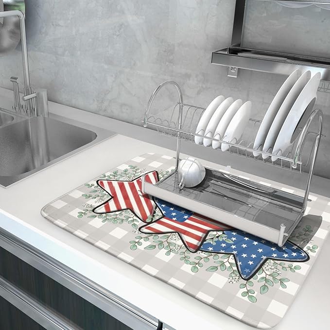 Patriotic Dish Drying Mat for Kitchen Counter Cute Stars 4th of July Holiday - Image 5