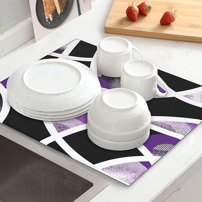 Purple Black White Geometric Abstract Dish Drying Mat - Image 3