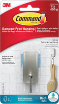Command Small Bath Hook, Holds up to 1 lb, 1 Satin Nickel Shower Hook by Command