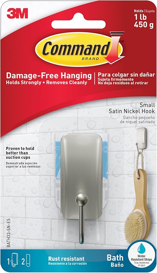 Command Small Bath Hook, Holds up to 1 lb, 1 Satin Nickel Shower Hook by Command