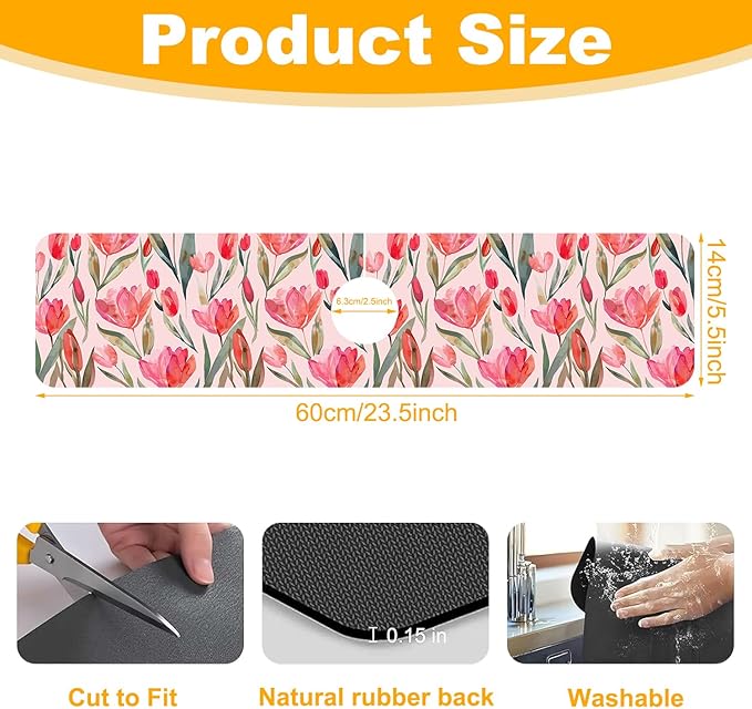 2 Pack Watercolor Tulips Sink Faucet Absorbing Mat Pink Tulips Super Absorbent - Image 2