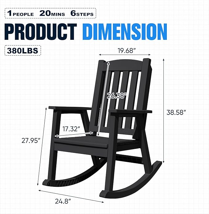 Devoko PP Material Rocking Chair Outdoor Indoor All Weather High Back Patio Rocker for Adult Heavy Duty Rocking Chair for Patio Backyard Porch Garden (Heavy Duty, Black) - Image 3