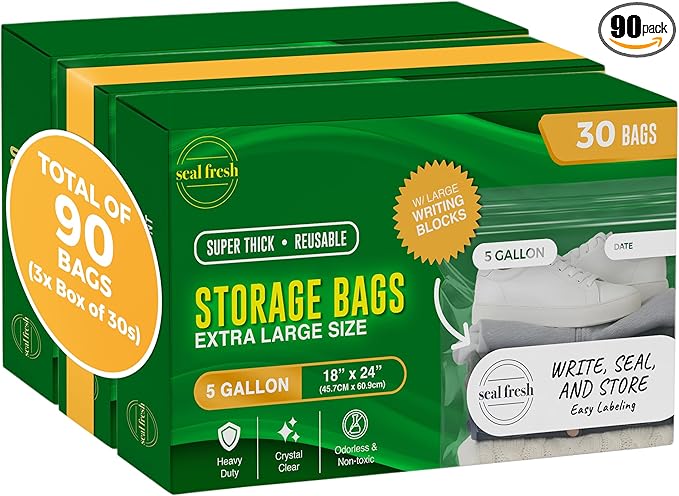 5 Gallon Large Plastic Storage Bags – 18" x 24" – Reusuable XXL Extra Large by SealFresh