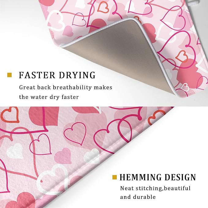 Valentines Day Dish Drying Mat for Kitchen Pink Hearts Absorbent Reversible - Image 3