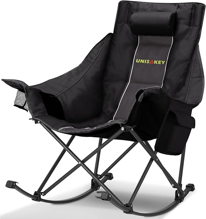 Oversized Rocking Camping Chair with Headrest & Cup Holder - 400lbs Capacity, 600D Oxford Fabric, Easy Fold Portable Outdoor Rocker Chair for Camping, Backyard, Beach, Deep Gray - Image 9
