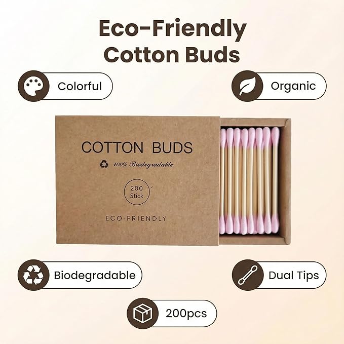 Pink Cotton Swabs 200pcs Natural Cotton Buds Biodegradable Organic Double Tips - Image 3