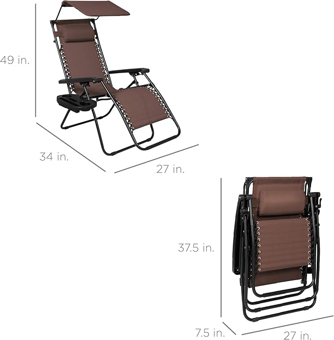 Best Choice Products Folding Zero Gravity Outdoor Recliner Patio Lounge Chair w/Adjustable Canopy Shade, Headrest, Side Accessory Tray, Textilene Mesh - Brown - Image 3