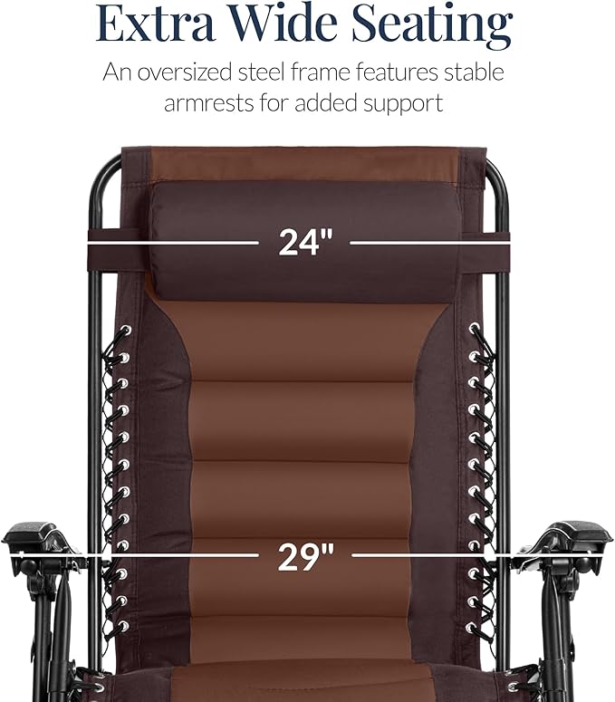 Best Choice Products Oversized Padded Zero Gravity Chair, Folding Outdoor Patio Recliner, XL Anti Gravity Lounger for Backyard w/Headrest, Cup Holder, Side Tray, Polyester Mesh - Espresso/Brown - Image 3