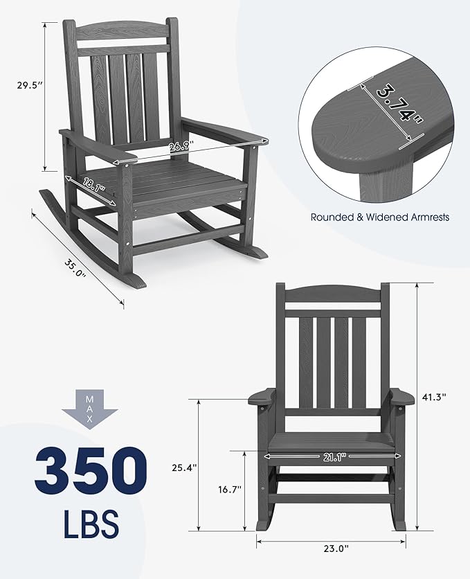 KINGYES Oversized Outdoor Rocking Chair Set of 2, HDPE Patio Rocking Chairs for Adults,Gray - Image 3