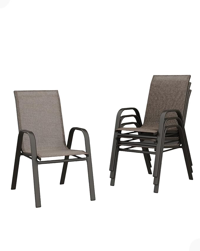 Outdoor Stackable Dining Chairs Set of 4, High-Back Patio Stacking Chairs, Patio Chairs with Textilene Farbic & Metal Frame for Lawn Backyard Deck Garden,Brown - Image 8