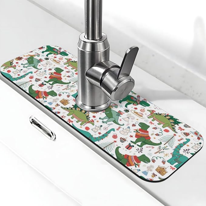 Dinosaur Christmas Happy New Year Kitchen Sink Splash Guard Faucet Mat Super by Unknown