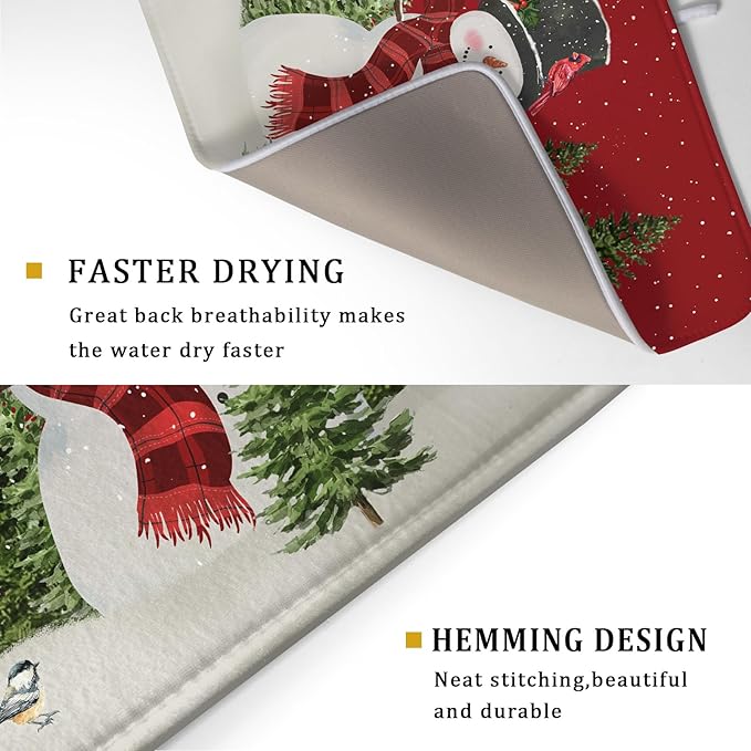 Christmas Dish Drying Mat for Kitchen Counter Red Xmas Snowman Trees Birds - Image 3