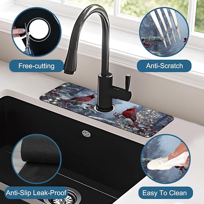 Winter Sink Splash Guard Faucet Mat Cardinal Christmas Super Absorbent Fast - Image 4