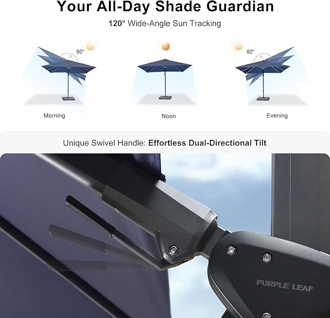 PURPLE LEAF 10 Feet Patio Umbrella with Base Outdoor Patio Solar Powered LED Swivel Square Umbrella Aluminum Offset Umbrella with 360-degree Rotation for Garden Deck Pool Patio, Navy Blue - Image 3