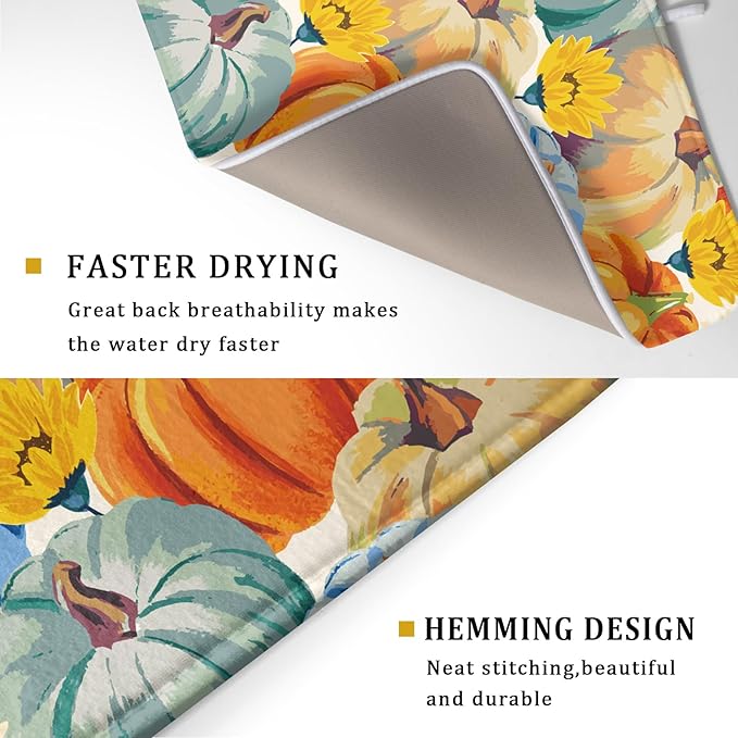 Giwawa Fall Dish Drying Mat 18"x24" Watercolor Autumn Teal Blue Orange Pumpkins - Image 3
