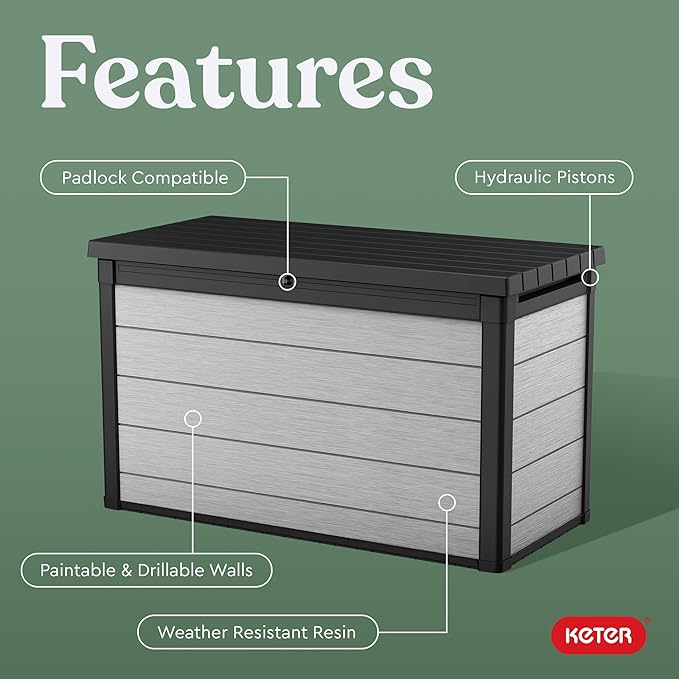 Keter Denali 200 Gallon Resin Large Deck Box with Double Wall 20mm Panels - Paintable and Drillable-Organization and Storage for Patio Furniture and Outdoor Items, Grey & Black - Image 3
