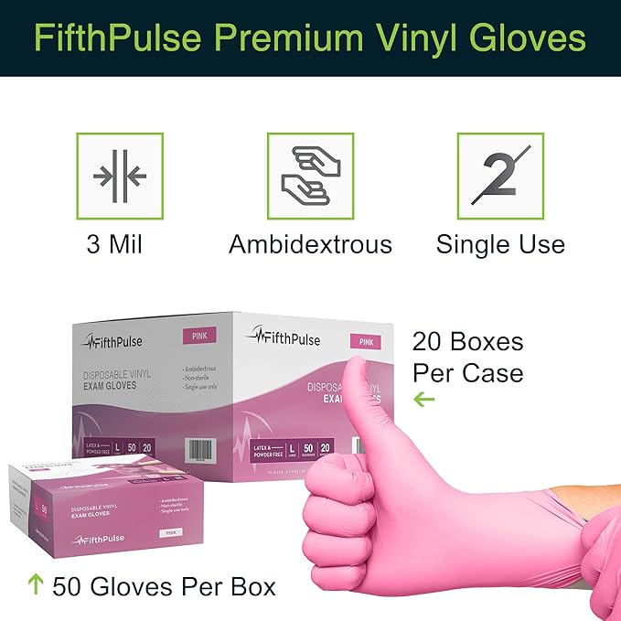 FifthPulse Pink Vinyl Disposable Gloves - Image 6