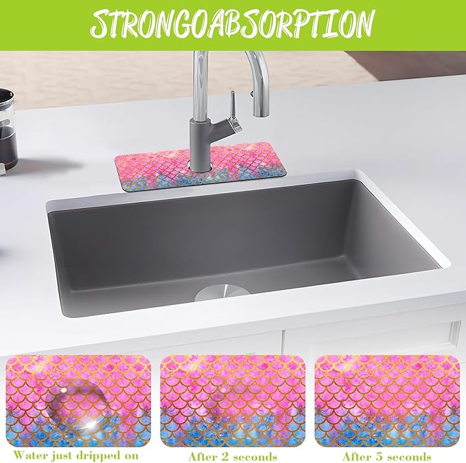 Sink Splash Guard Faucet Mat Watercolor Fish Scales Absorbent Fast Drying Mat - Image 5