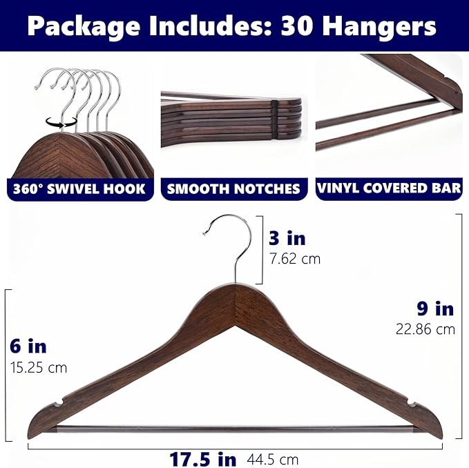 Amber Home 30-Pack Vintage Wooden Coat Hangers, Walnut Wood Suit Hangers - Image 2