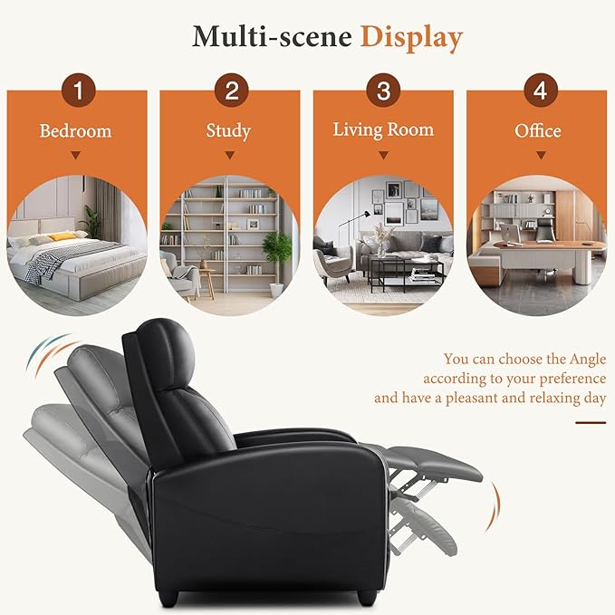 Sweetcrispy Recliner Chair PU Leather Recliner Sofa No Massage, Home Theater Seating with Lumbar Support, Adjustable Push Back Overstuffed High-Density Sponge Reclining for Living Room, Black - Image 7