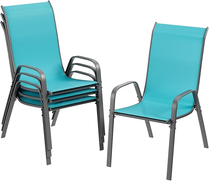 TLSUNNY Patio Chairs, Stackable Textilene Outdoor Dining Furniture for All Weather, with 17.7″ Wide Seat & Metal Frame, for Garden, Backyard, Deck, Restaurant, Poolside (4, Turquoise Blue, 26.4″) by TLSUNNY