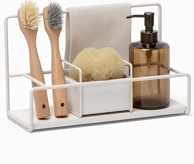 Kitchen Sponge Holder with Drying Stone – Warm Grey Powder Coated Metal Sink by Libken