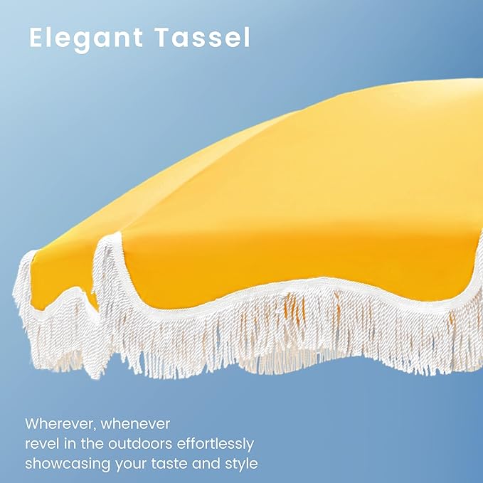 PHI VILLA 7ft Beach Umbrella with Fringe & Sand Anchor, Outdoor Patio Heavy Duty Windproof Portable Tassel Umbrellas for Sand with Push Button Tilt & Carrying Bag, UPF 50+, Yellow - Image 2
