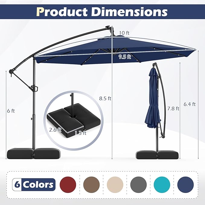Tangkula 10ft Solar LED Patio Umbrella with Base, Offset Cantilever Outdoor Umbrella with 32 LED Lights, Infinite Tilt, 360 Degree Rotation, Crank Handle for Pool Deck Garden Backyard (Navy) - Image 6