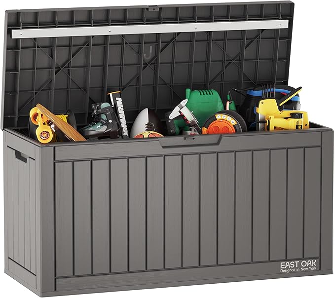 EAST OAK 60 Gallon Deck Box, Outdoor Storage Box with Padlock for Patio Furniture, Patio Cushions, Gardening Tools, Pool Supplies, Waterproof and UV Resistant Resin, Grey by EASTOAK