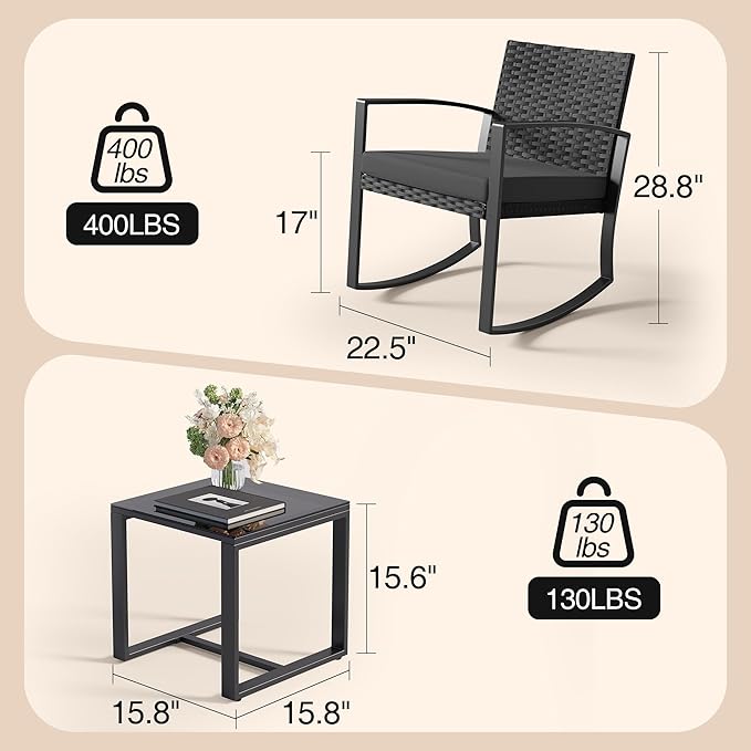 3 Pieces Patio Furniture Set Rocking Bistro Set, Outdoor Patio Furniture Set with Coffee Table for Garden Balcony Backyard Poolside (Black Cushion) - Image 2