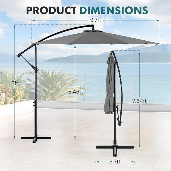 OLIXIS Offset Patio Umbrella, 9.7FT Cantilever Table Umbrellas for Outdoor Sun Shade UV Protection with Easy Tilt Adjustment, 8 Ribs for Backyard, Lawn, Garden, Pool - Grey - Image 5