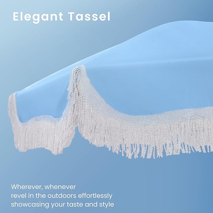 PHI VILLA 7ft Beach Umbrella with Fringe & Sand Anchor, Outdoor Patio Heavy Duty Windproof Portable Tassel Umbrellas for Sand with Push Button Tilt & Carrying Bag, UPF 50+, Light Blue (No Base) - Image 2