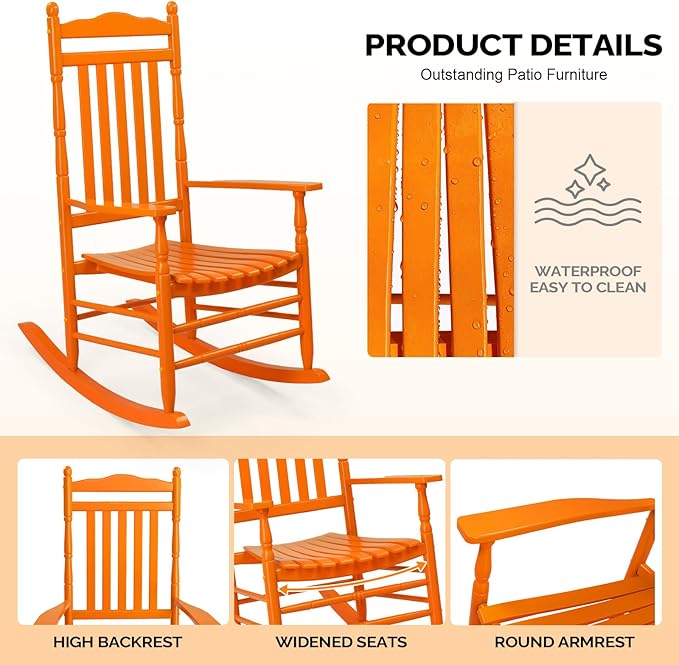 VINGLI Wooden Rocking Chair, Outdoor Chair with 450 lbs Support, Relaxing Rocker with Solid Wood High Back Seat Reclining Seat for Deck, Garden, Backyard, Porch, Indoor or Outdoor Use (Orange, 2PCS) - Image 5