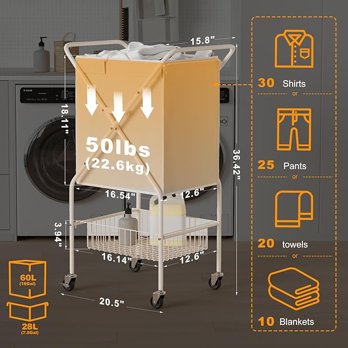 Laundry Basket with Wheels:88L Rolling Laundry Cart Foldable Metal Frame Dirty - Image 9