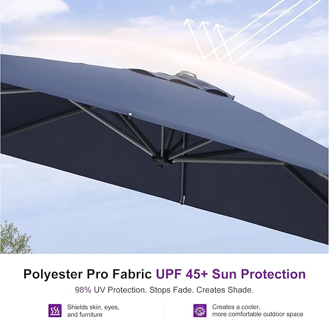 PURPLE LEAF 8'×8' Patio Cantilever Umbrella with Base Included Offset Outdoor Umbrella with cover Square umbrella outdoor patios for Backyard Pool Garden Navy Blue - Image 7