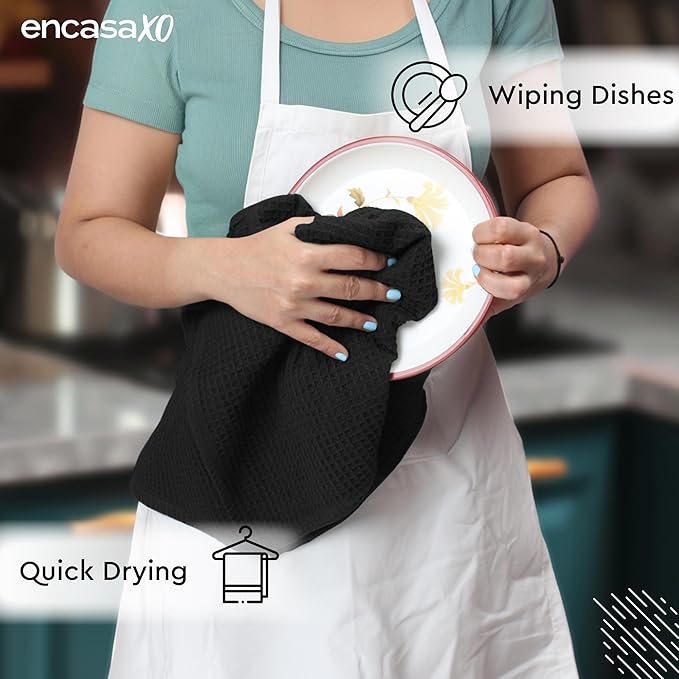 Encasa XO Kitchen Dish Towels Set | Black | Waffle Weave and Flat Hand Tea - Image 4