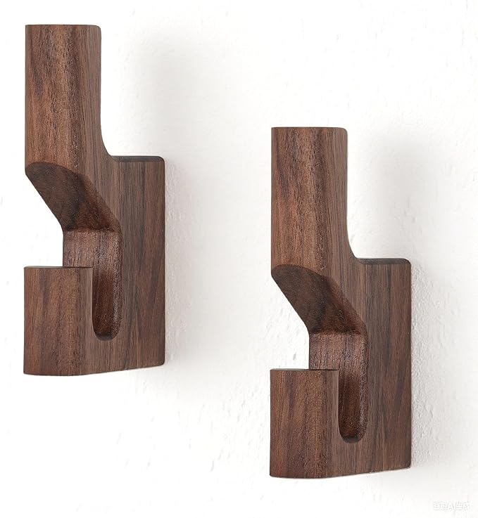 Walnut Wood Wall Peg Rack Hooks 2 Pack, Natural Wooden Coat Hooks Wall Mounted - Image 9